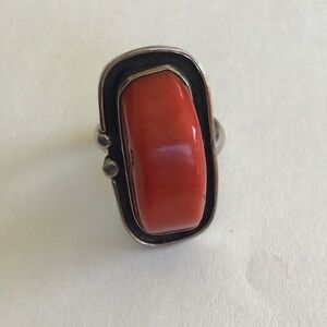 Large Sterling Red Bamboo Coral Adj Ring Sz 7.5